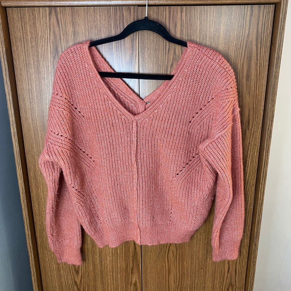 Pink Rose Cardigan Sweater Womens Large Coral V-Neck Button Ribbed L‎